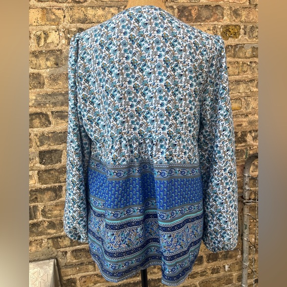 Elings Floral Tunic Top Tassel Ties Blue Print Boho Comfortable Size Large - Picture 7 of 11